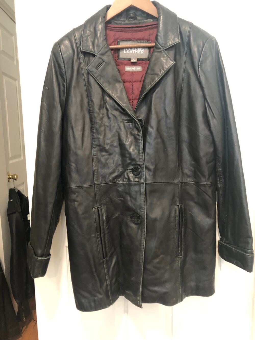 Wilsons Leather Jacket Women L Black 3-Button Vintage Quilted Maroon Liner